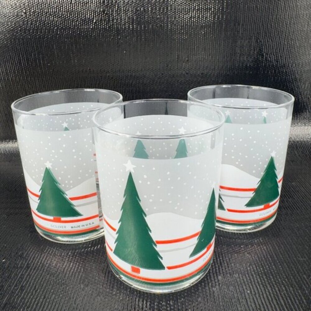 Vintage Culver Made In USA‎ Glassware Cups Lowball Glasses Tumblers Set 3 Trees